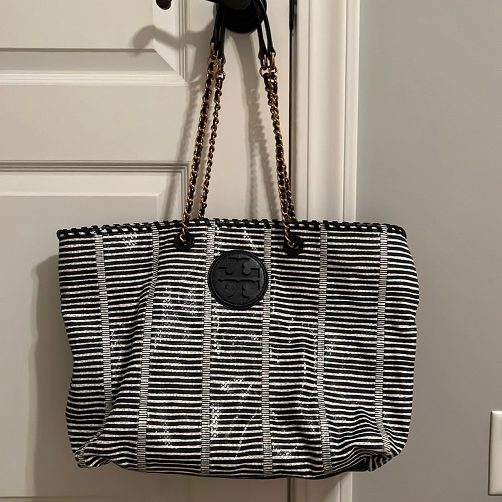 Tory Burch Navy and White Marion Patchwork Tote